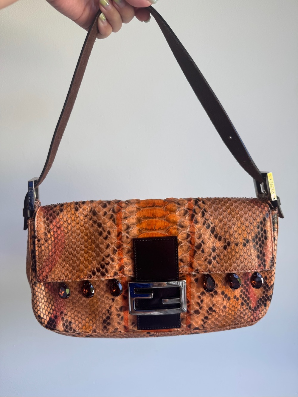 Fendi Orange and Black Python Shoulder Baguette Bag
